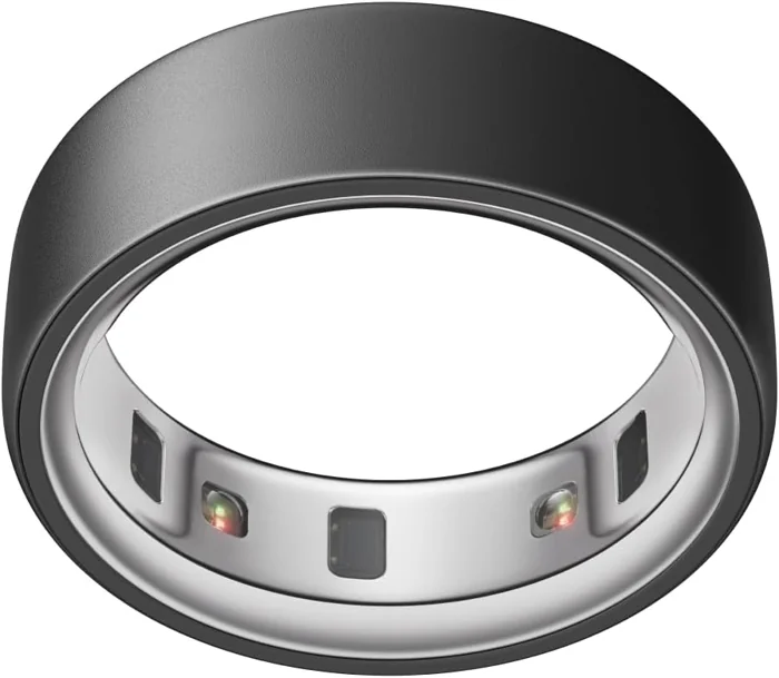 OURA Ring 4 smart ring, Stealth finish, showing the sensors on the inner surface