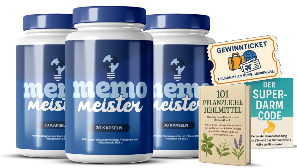 Dosen des Nahrungsergänzungsmittels Memo Meister mit je 30 Kapseln, Produktabbildung